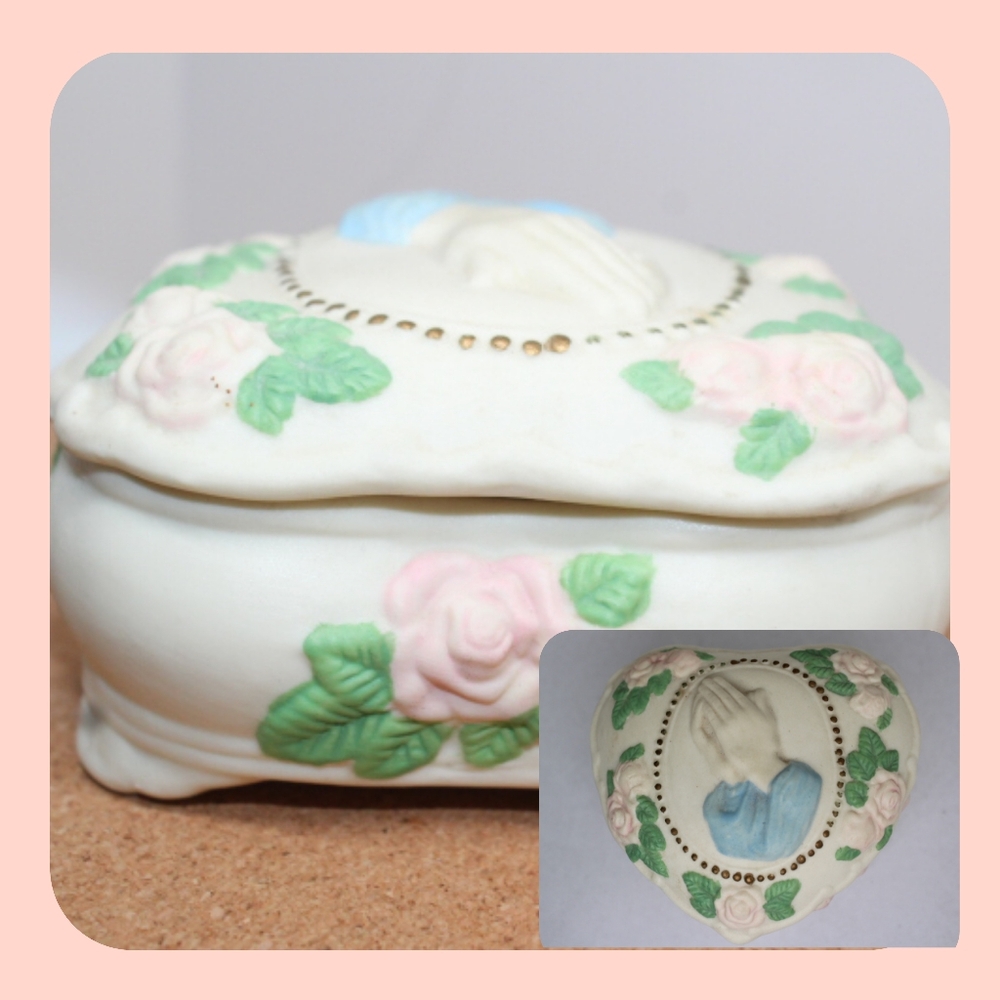 Vintage "Praying Hands" Hand-painted Porcelain jewelry box/ trinket box